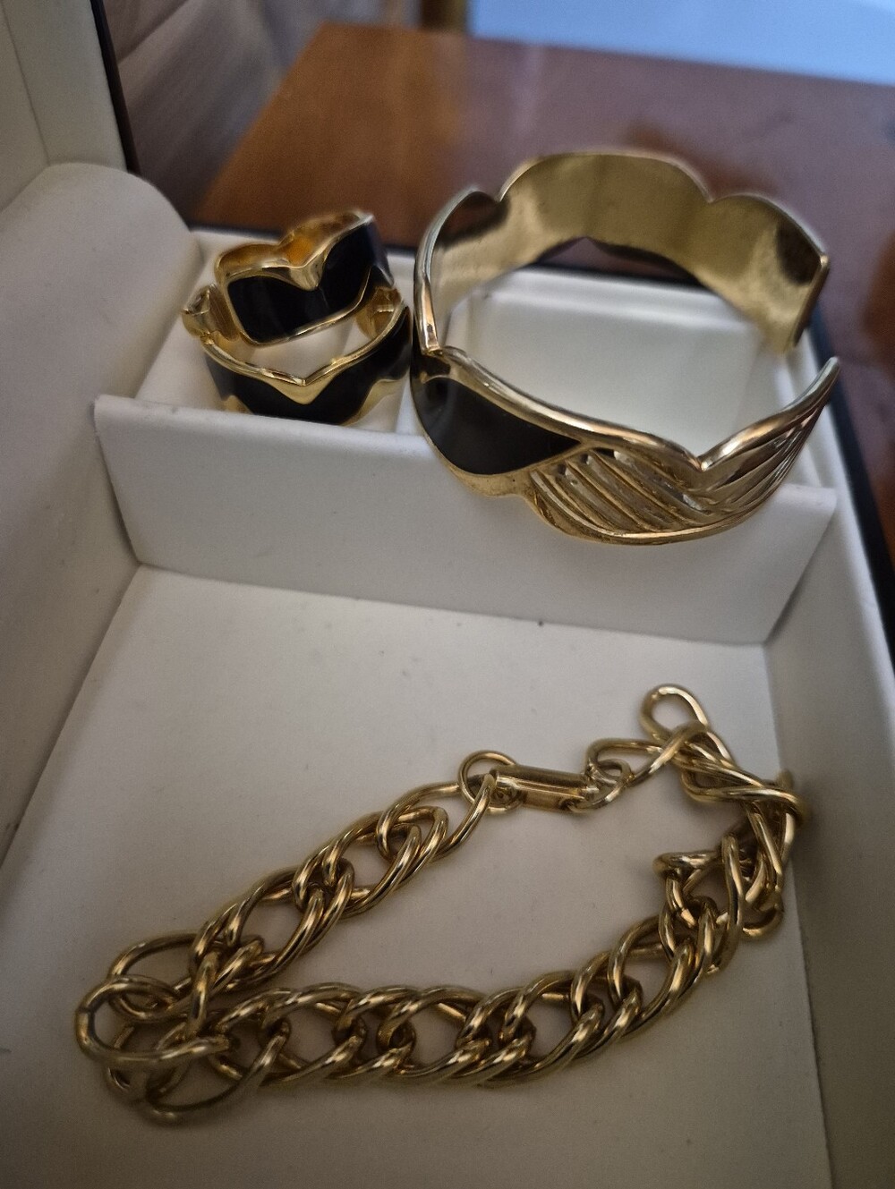 Vintage Avon 1997 Gold Chain Bracelet and Black Enamel Gold-Trim Bangle